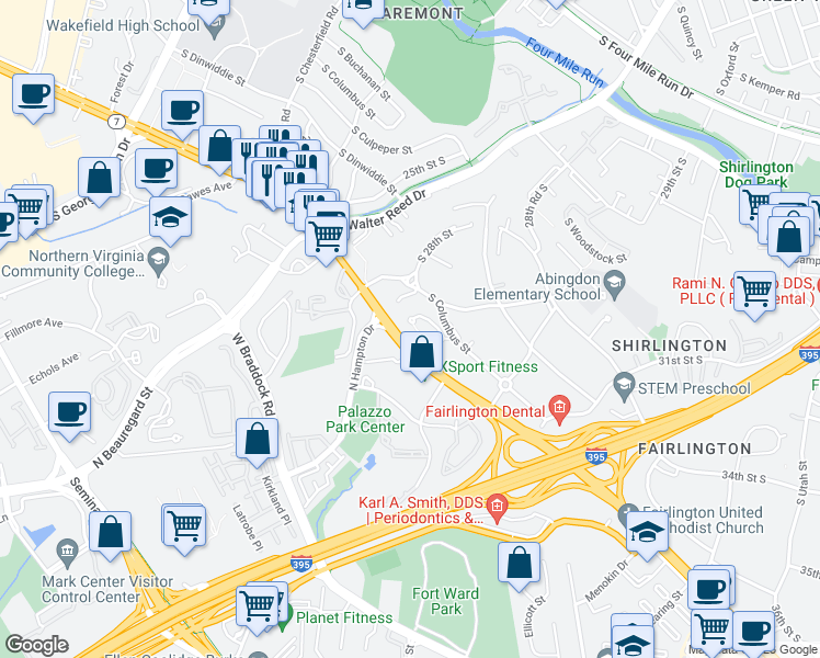 map of restaurants, bars, coffee shops, grocery stores, and more near 2916 South Dinwiddie Street in Arlington