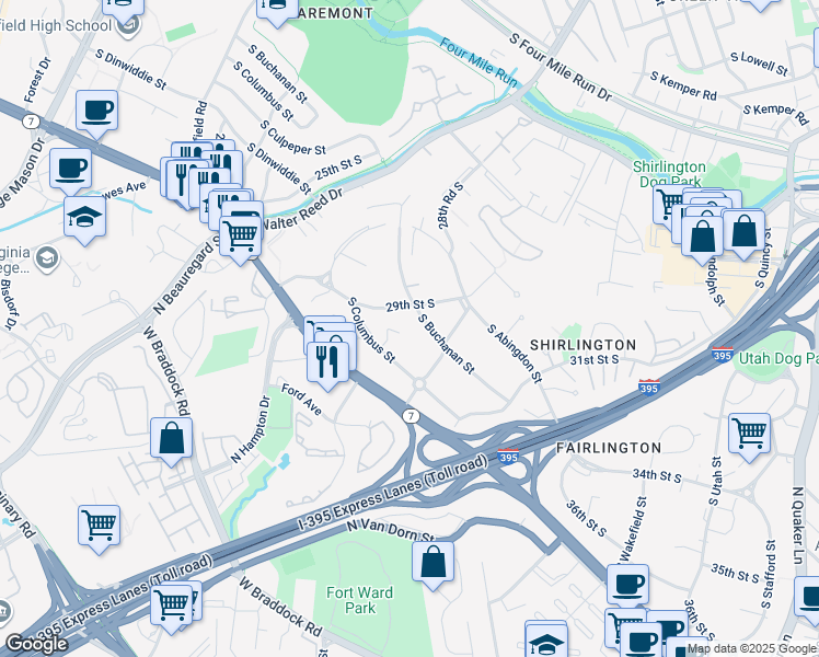map of restaurants, bars, coffee shops, grocery stores, and more near 2916 South Buchanan Street in Arlington
