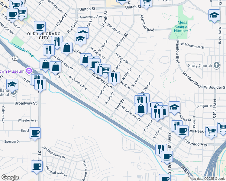 map of restaurants, bars, coffee shops, grocery stores, and more near 115 South 15th Street in Colorado Springs