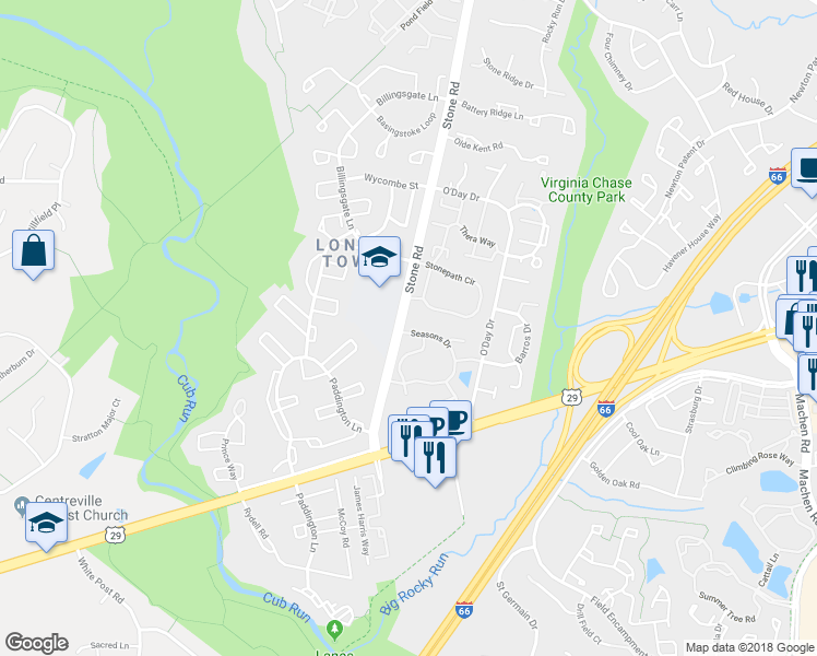 map of restaurants, bars, coffee shops, grocery stores, and more near 14682 Seasons Drive in Centreville