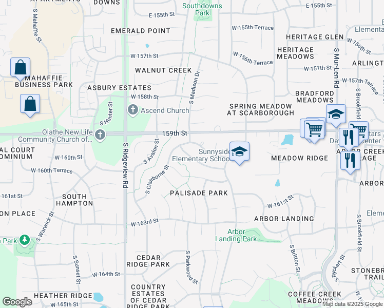 map of restaurants, bars, coffee shops, grocery stores, and more near 17854 West 160th Street in Olathe
