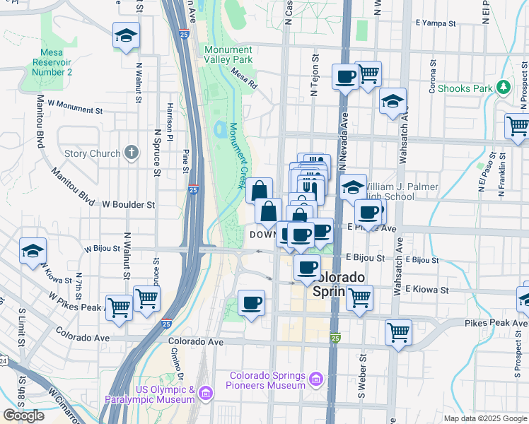 map of restaurants, bars, coffee shops, grocery stores, and more near 11 West Boulder Street in Colorado Springs