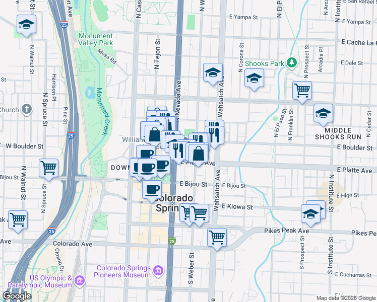 map of restaurants, bars, coffee shops, grocery stores, and more near 301 North Nevada Avenue in Colorado Springs
