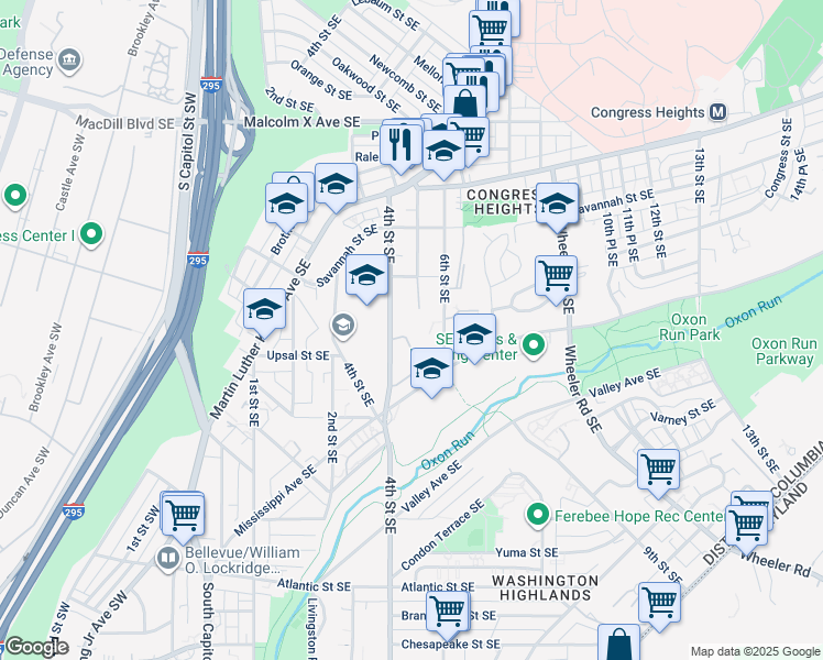 map of restaurants, bars, coffee shops, grocery stores, and more near 412 Woodcrest Drive Southeast in Washington