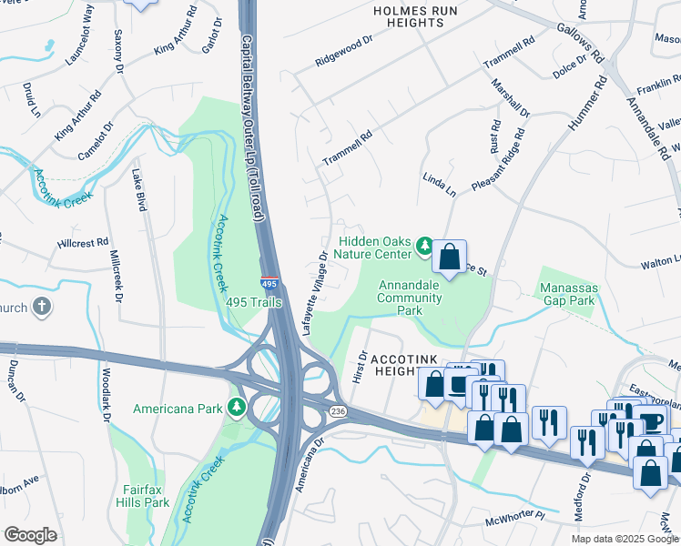 map of restaurants, bars, coffee shops, grocery stores, and more near 7829 Ashley Glen Road in Annandale