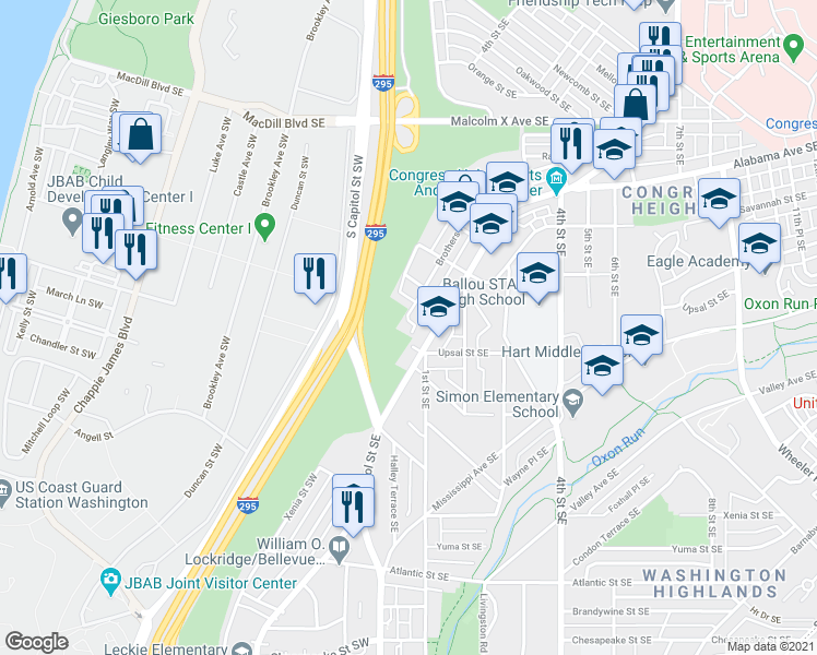 map of restaurants, bars, coffee shops, grocery stores, and more near 3630 Brothers Place Southeast in Washington