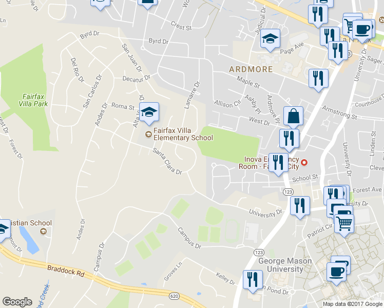 map of restaurants, bars, coffee shops, grocery stores, and more near 10822 Santa Clara Drive in Fairfax