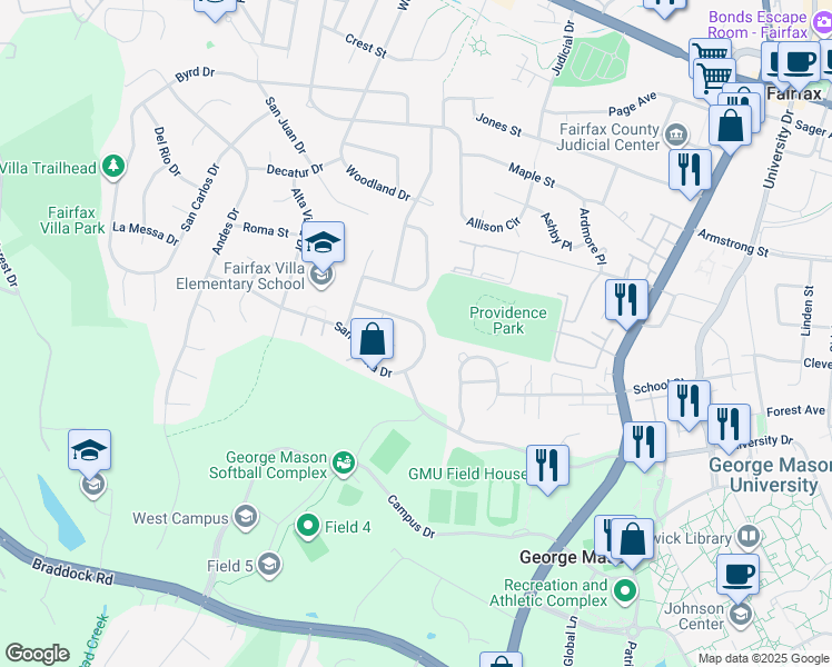 map of restaurants, bars, coffee shops, grocery stores, and more near 10822 Santa Clara Drive in Fairfax
