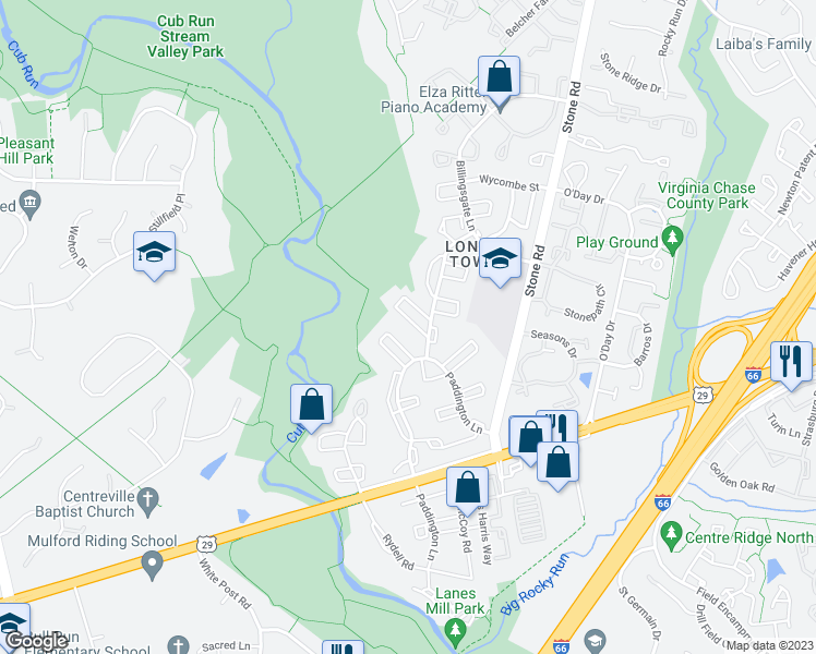 map of restaurants, bars, coffee shops, grocery stores, and more near 14819 Maidstone Court in Centreville