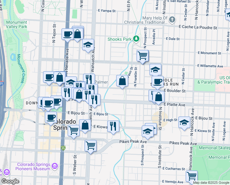 map of restaurants, bars, coffee shops, grocery stores, and more near 624 East Boulder Street in Colorado Springs