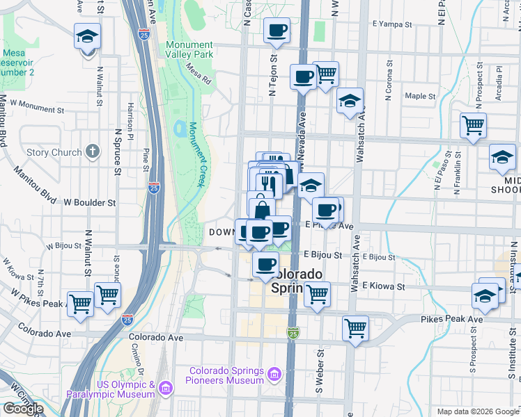 map of restaurants, bars, coffee shops, grocery stores, and more near 333 North Tejon Street in Colorado Springs