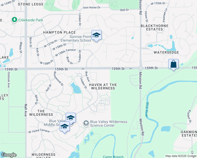 map of restaurants, bars, coffee shops, grocery stores, and more near 4502 West 159th Terrace in Overland Park