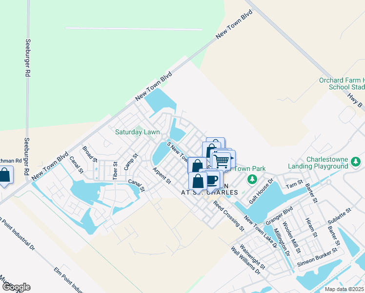 map of restaurants, bars, coffee shops, grocery stores, and more near 3684 North New Town Avenue in Saint Charles