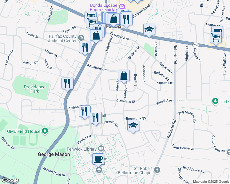 map of restaurants, bars, coffee shops, grocery stores, and more near 4216 Linden Street in Fairfax