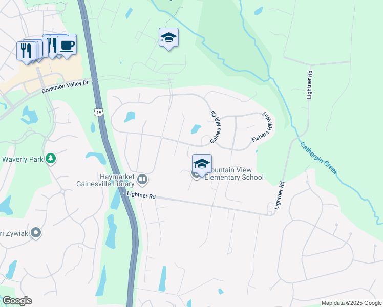 map of restaurants, bars, coffee shops, grocery stores, and more near 5401 Emmys Mill Court in Haymarket