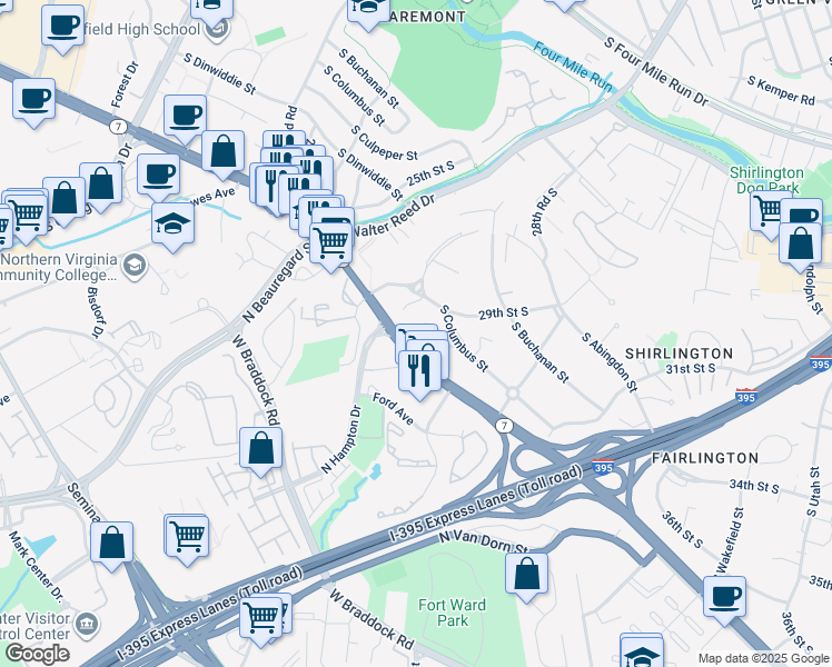 map of restaurants, bars, coffee shops, grocery stores, and more near 2916 South Dinwiddie Street in Arlington