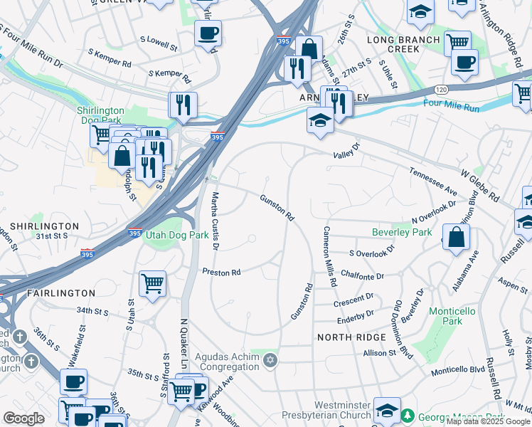map of restaurants, bars, coffee shops, grocery stores, and more near 3636 Gunston Road in Alexandria