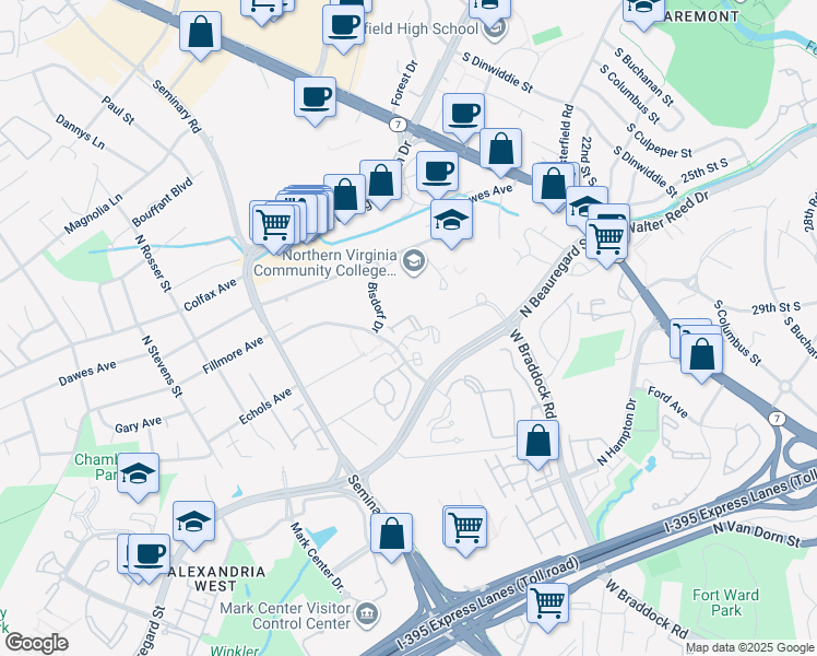 map of restaurants, bars, coffee shops, grocery stores, and more near 5036 Domain Place in Alexandria
