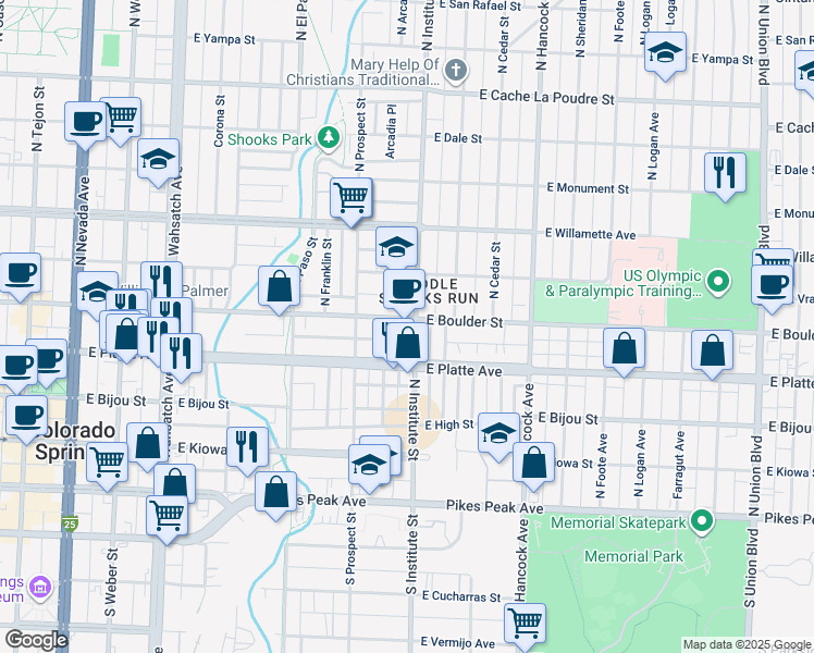 map of restaurants, bars, coffee shops, grocery stores, and more near in Colorado Springs