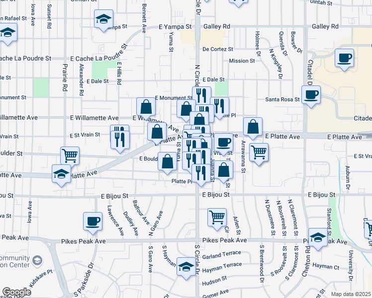 map of restaurants, bars, coffee shops, grocery stores, and more near 500 North Circle Drive in Colorado Springs