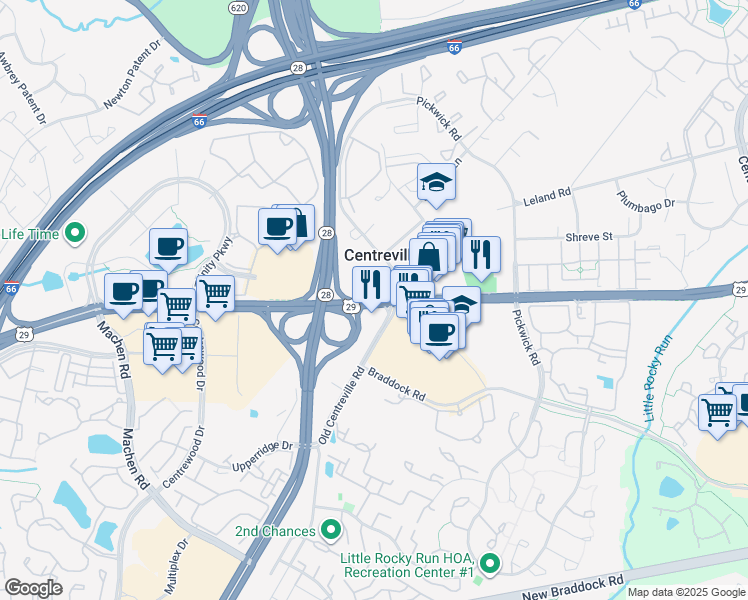 map of restaurants, bars, coffee shops, grocery stores, and more near 13928 Lee Hwy in Centreville