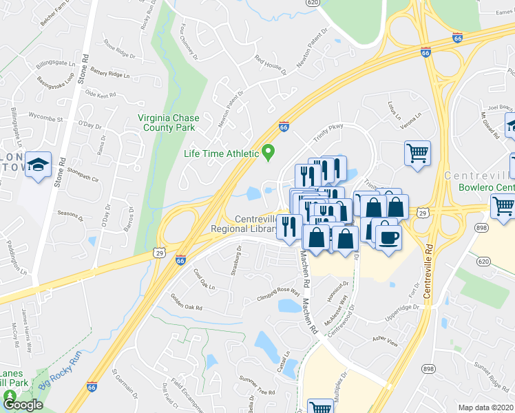 map of restaurants, bars, coffee shops, grocery stores, and more near 5920 Trinity Parkway in Centreville