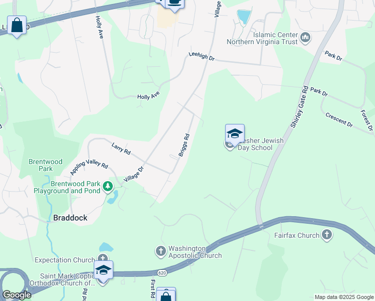 map of restaurants, bars, coffee shops, grocery stores, and more near 4739 Briggs Road in Fairfax
