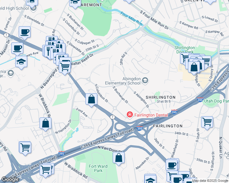map of restaurants, bars, coffee shops, grocery stores, and more near 2932 South Buchanan Street in Arlington