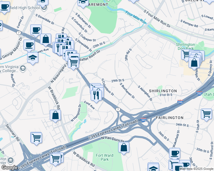 map of restaurants, bars, coffee shops, grocery stores, and more near 2913 South Columbus Street in Arlington