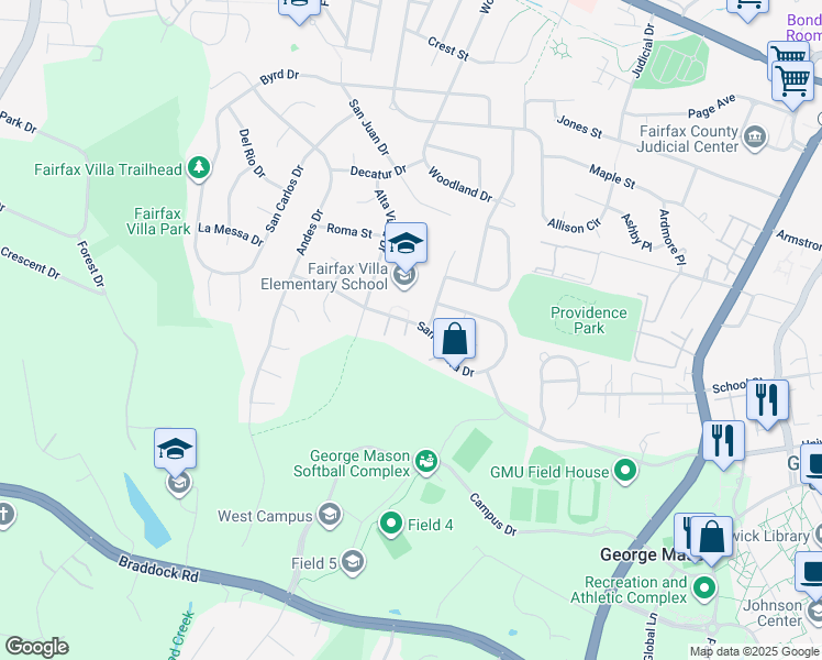 map of restaurants, bars, coffee shops, grocery stores, and more near 10905 Santa Clara Drive in Fairfax
