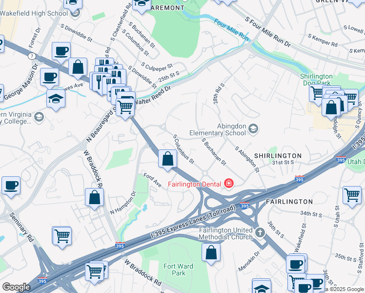 map of restaurants, bars, coffee shops, grocery stores, and more near 2913 South Columbus Street in Arlington