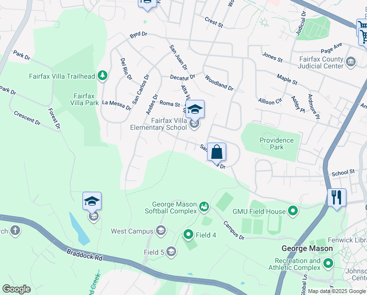 map of restaurants, bars, coffee shops, grocery stores, and more near 10921 Santa Clara Drive in Fairfax