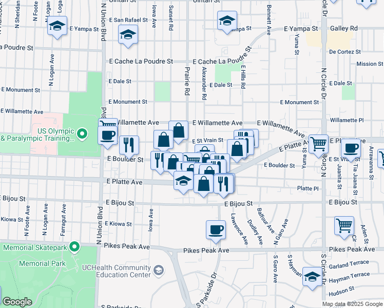 map of restaurants, bars, coffee shops, grocery stores, and more near 417 Prairie Road in Colorado Springs