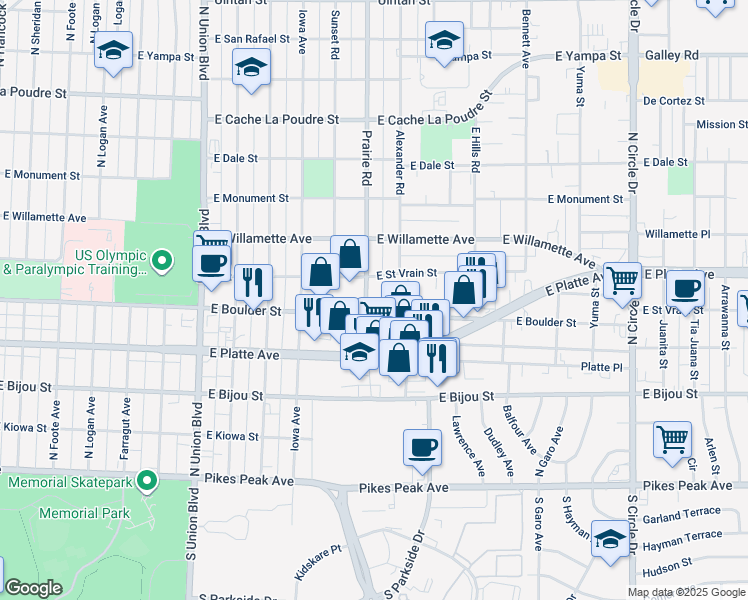 map of restaurants, bars, coffee shops, grocery stores, and more near 417 Prairie Road in Colorado Springs