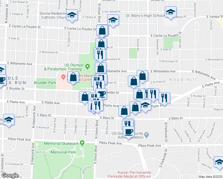 map of restaurants, bars, coffee shops, grocery stores, and more near 422 Bonfoy Avenue in Colorado Springs