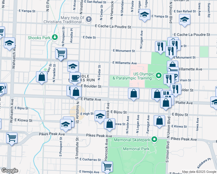 map of restaurants, bars, coffee shops, grocery stores, and more near in Colorado Springs