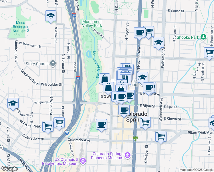 map of restaurants, bars, coffee shops, grocery stores, and more near 11 West Boulder Street in Colorado Springs
