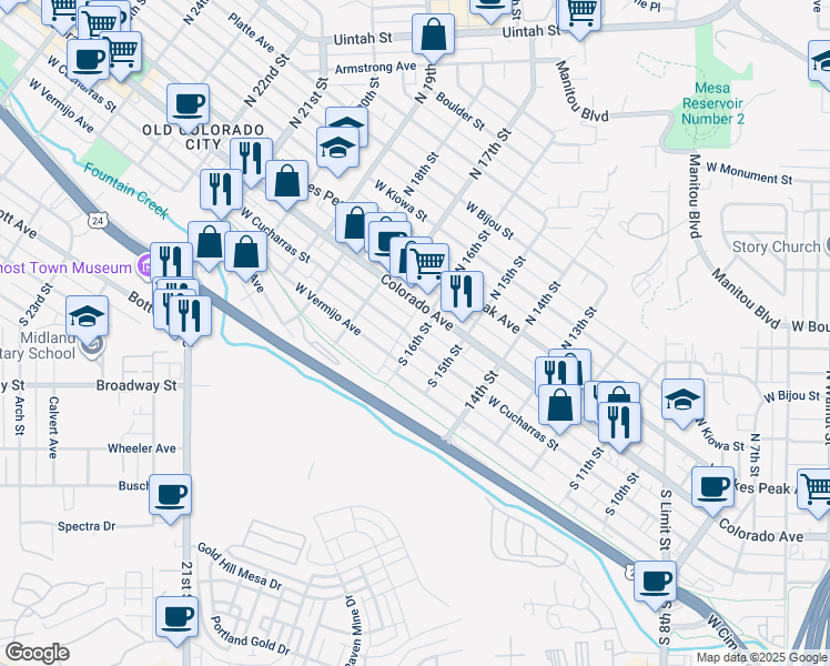 map of restaurants, bars, coffee shops, grocery stores, and more near 1603 Colorado Avenue in Colorado Springs