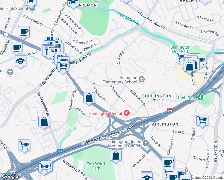 map of restaurants, bars, coffee shops, grocery stores, and more near 2932 South Buchanan Street in Arlington