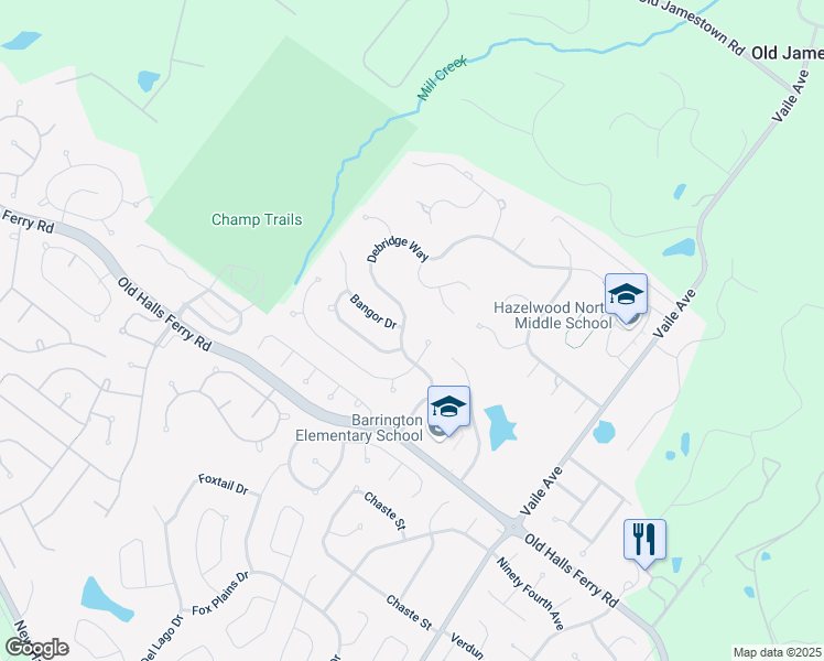 map of restaurants, bars, coffee shops, grocery stores, and more near 15537 Debridge Way in Florissant