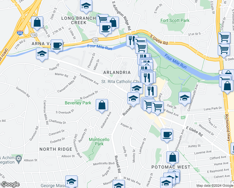 map of restaurants, bars, coffee shops, grocery stores, and more near 407 Tennessee Avenue in Alexandria