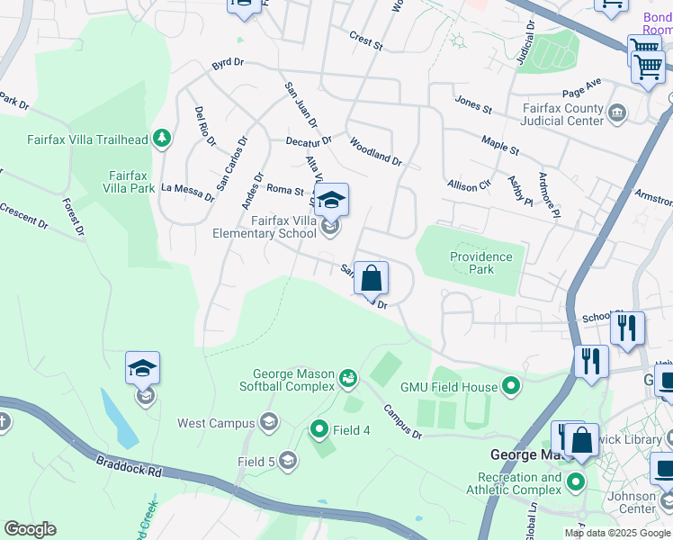 map of restaurants, bars, coffee shops, grocery stores, and more near 10905 Santa Clara Drive in Fairfax
