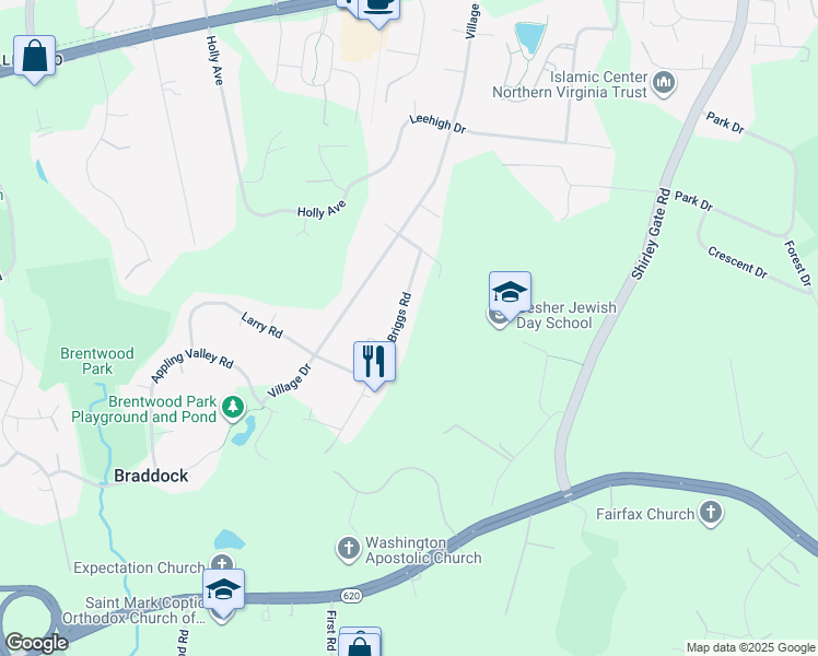 map of restaurants, bars, coffee shops, grocery stores, and more near 4739 Briggs Road in Fairfax