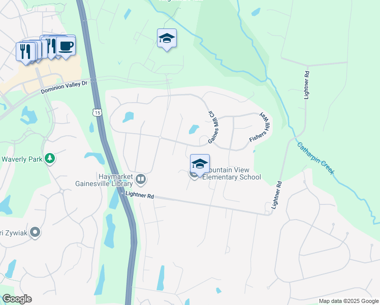 map of restaurants, bars, coffee shops, grocery stores, and more near 5401 Emmys Mill Court in Haymarket