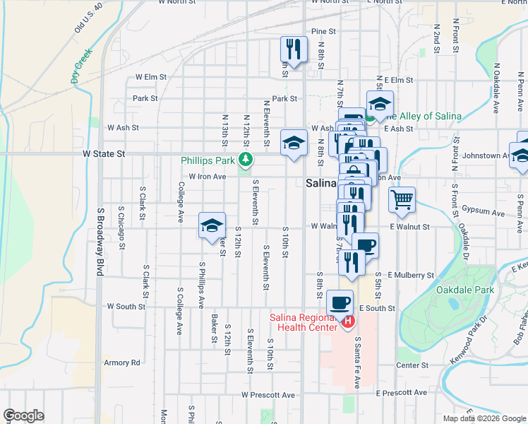 map of restaurants, bars, coffee shops, grocery stores, and more near 126 S 11th St in Salina
