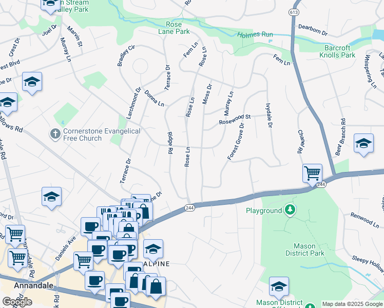 map of restaurants, bars, coffee shops, grocery stores, and more near 3903 Rose Lane in Annandale
