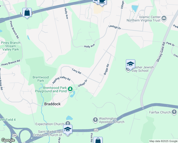 map of restaurants, bars, coffee shops, grocery stores, and more near 4820 Village Drive in Fairfax