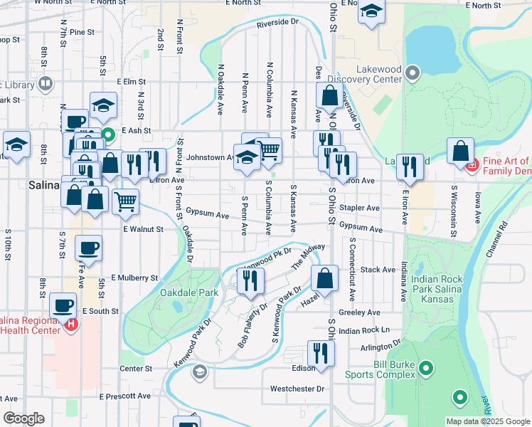 map of restaurants, bars, coffee shops, grocery stores, and more near 136 South Columbia Avenue in Salina
