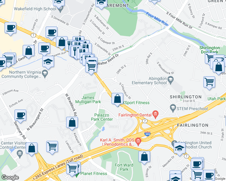 map of restaurants, bars, coffee shops, grocery stores, and more near 2900 South Dinwiddie Street in Arlington