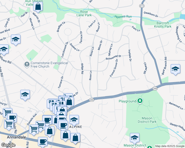 map of restaurants, bars, coffee shops, grocery stores, and more near 3903 Rose Lane in Annandale